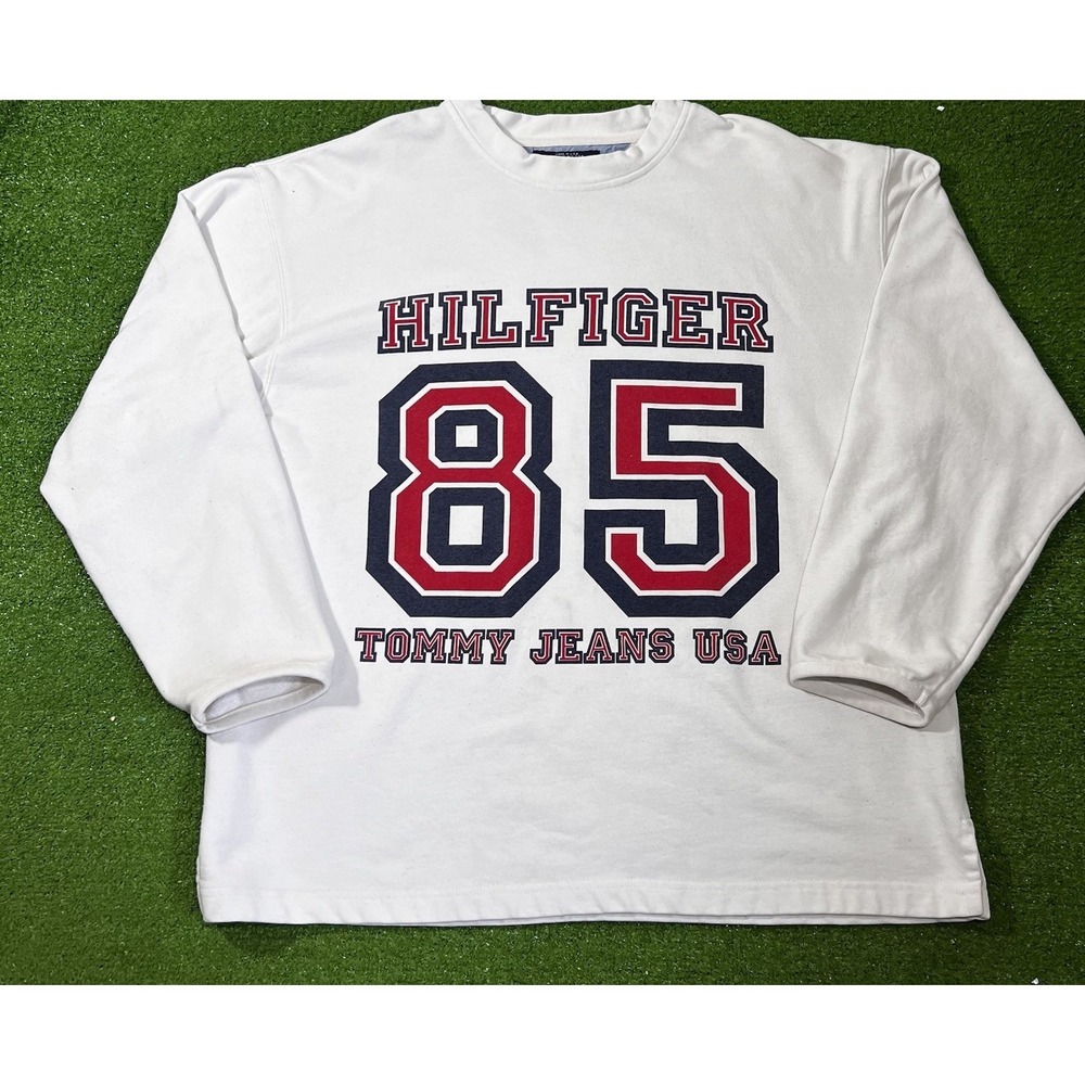 Vintage Tommy Hilfiger Sweatshirt LG Oversize Baggy Fit 90s‎ White USA Y2K